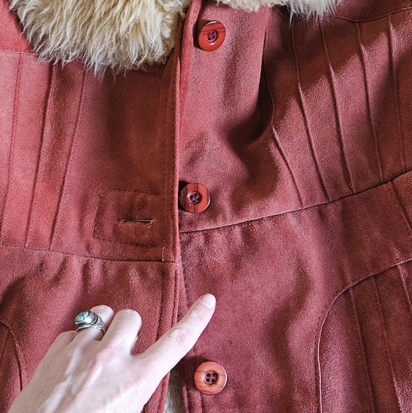 VTG Suede Leather Orange Fur Sherpa Belted Penny Lane jacket - Picture 13 of 13